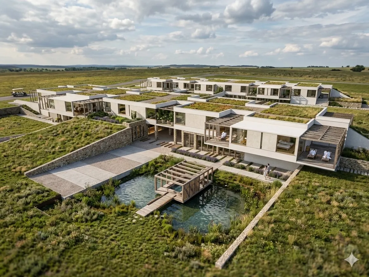 Azil de Bătrâni — vedere aeriană cu acoperișuri verzi și bazin natural