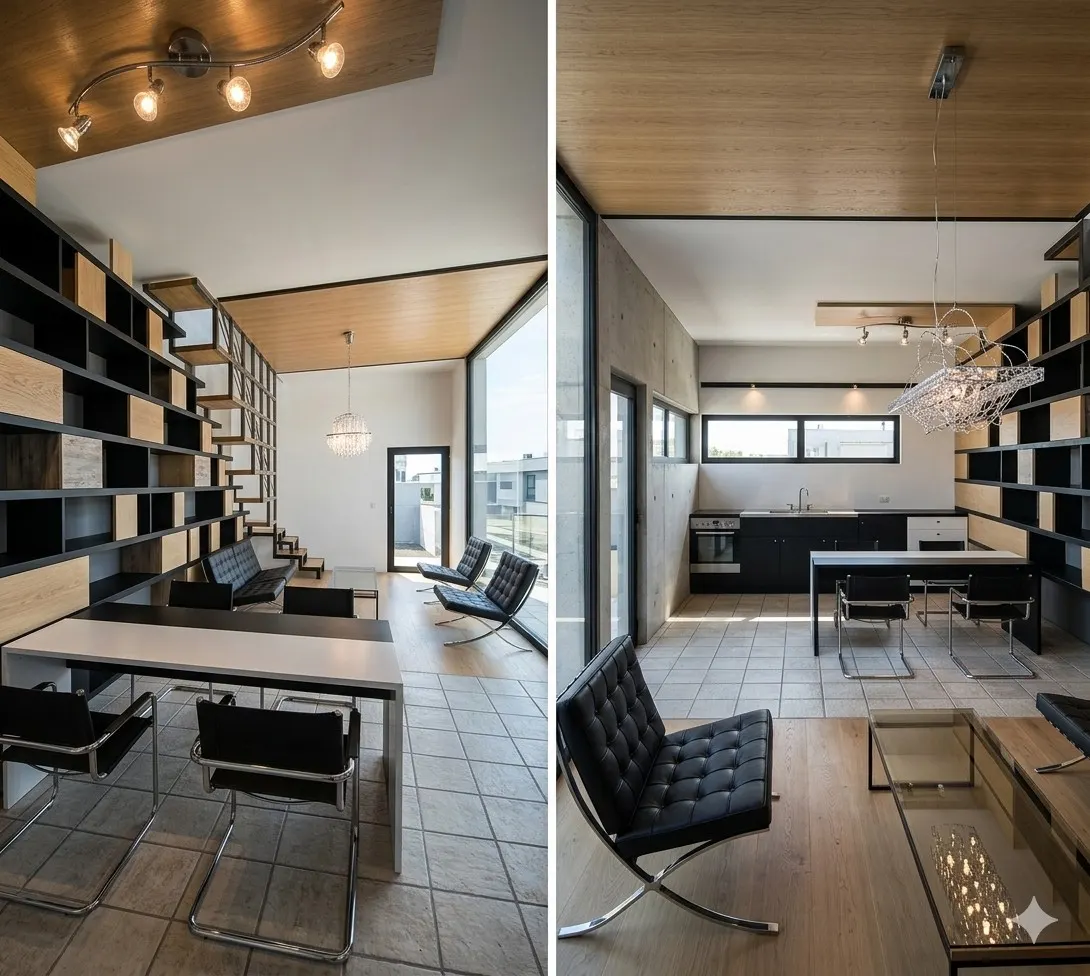 Apartament Modernist — interior cu structură de fier și lemn